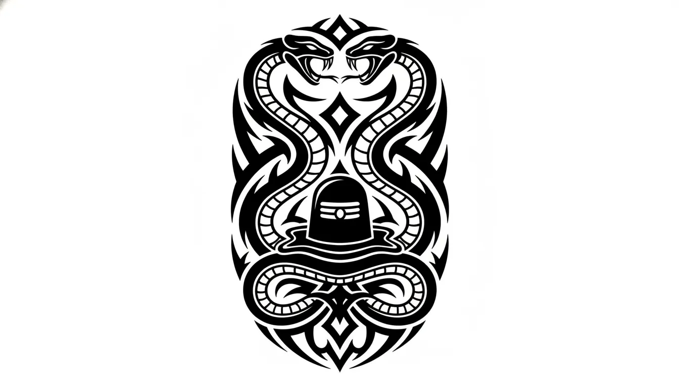 Tribal tattoo art style dual snake with shivling vector image with sharp bold lines.