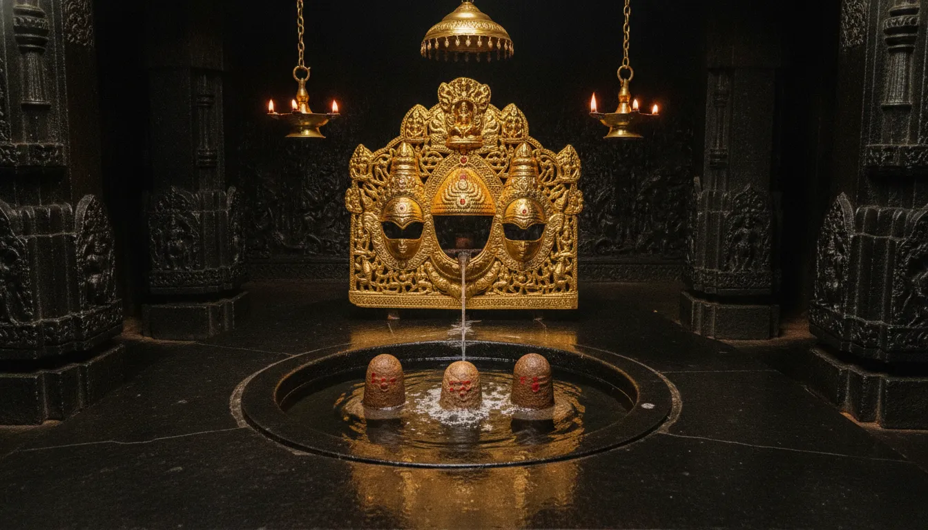 Trimbakeshwar Jyotirlinga shivling image showing the unique three-faced cavity representing Brahma, Vishnu, and Shiva in Nashik.