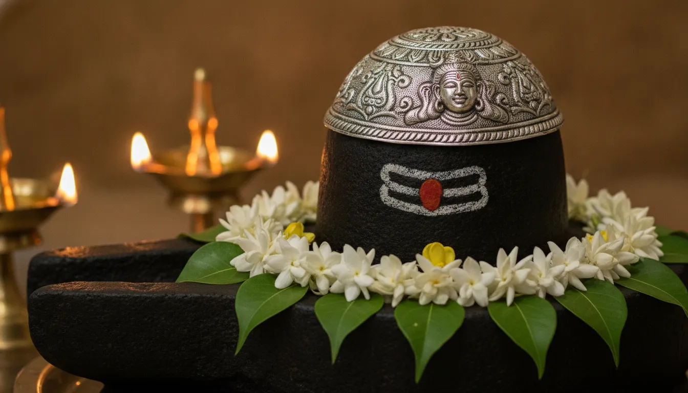 Stone shivling decorated with a silver crown mask in 4K resolution
