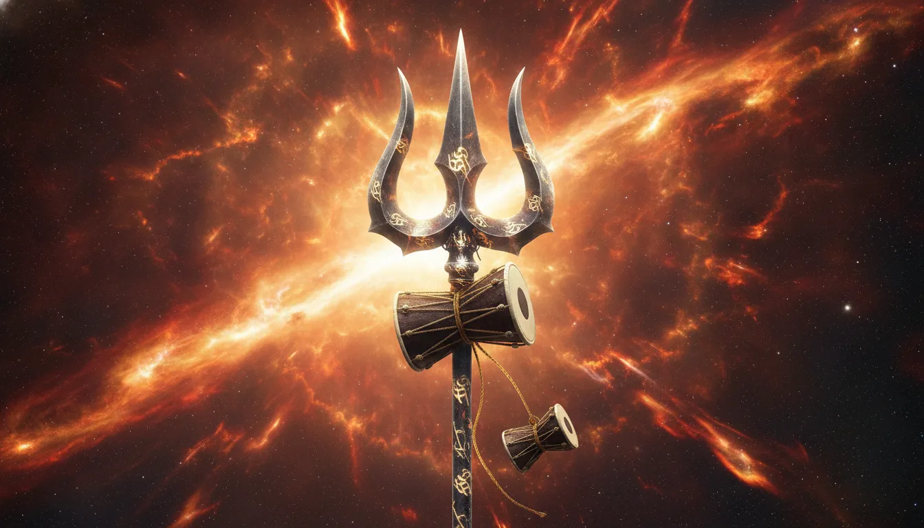 Lord Shiva's Trishul standing upright amidst a violent supernova explosion with gold and red cosmic fire.