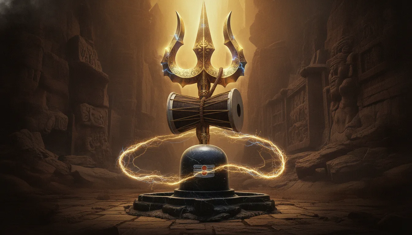 Fierce Mahakal shivling guarded by a giant glowing golden trident