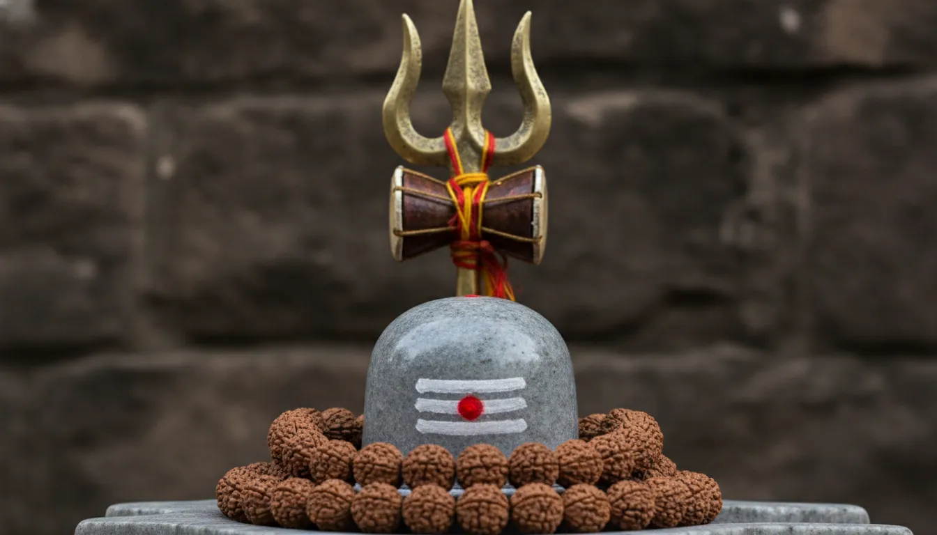 A majestic iron Trishul with a damru standing next to a sacred Shivling wrapped in authentic Rudraksha beads.