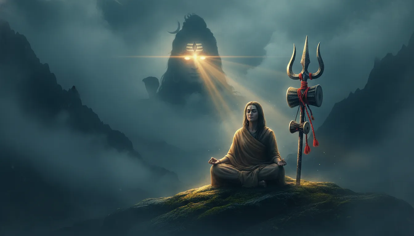 Spiritual Mahadev meditation photo edit with glowing third eye and holy Trishul