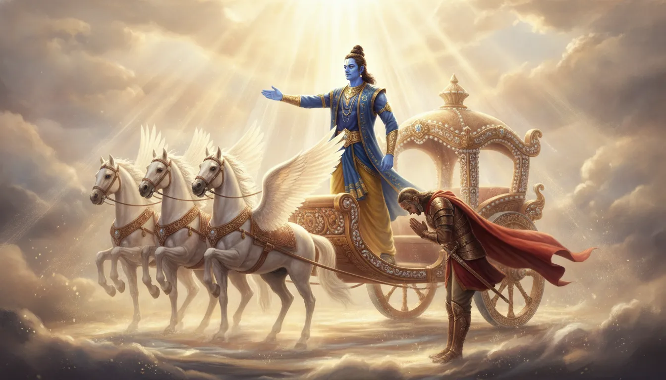 Majestic blue-skinned deity gesturing forward on a golden chariot with a confident warrior bowing in gratitude.