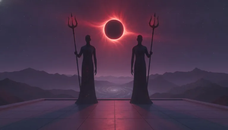 Two divine entities holding tridents against a dark crimson eclipse sky in misty mountains.