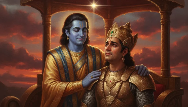 Close-up artwork of a blue-skinned divine figure talking to a warrior on an ornate chariot under a twilight sky.