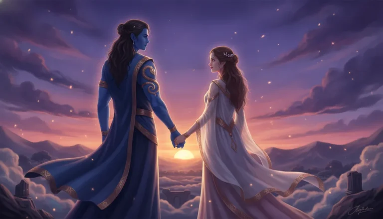 Detailed illustration of a divine couple holding hands with a serpent symbol against a purple twilight sky