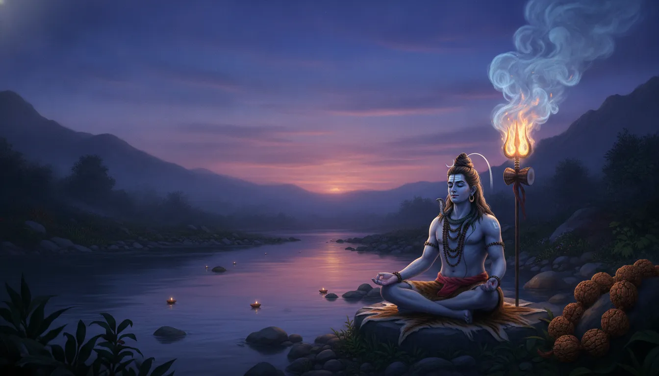 Lord Shiva meditating during twilight hours with a burning trident releasing mystical smoke.