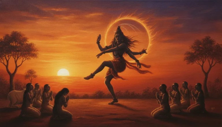 Lord Shiva dancing in the orange twilight sky surrounded by gods.