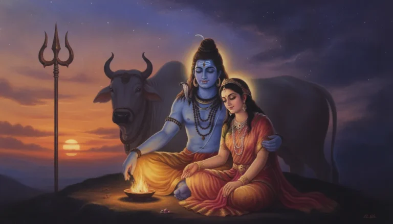 An enchanting digital art of a divine couple sitting by a campfire at twilight with a white bull and trident.