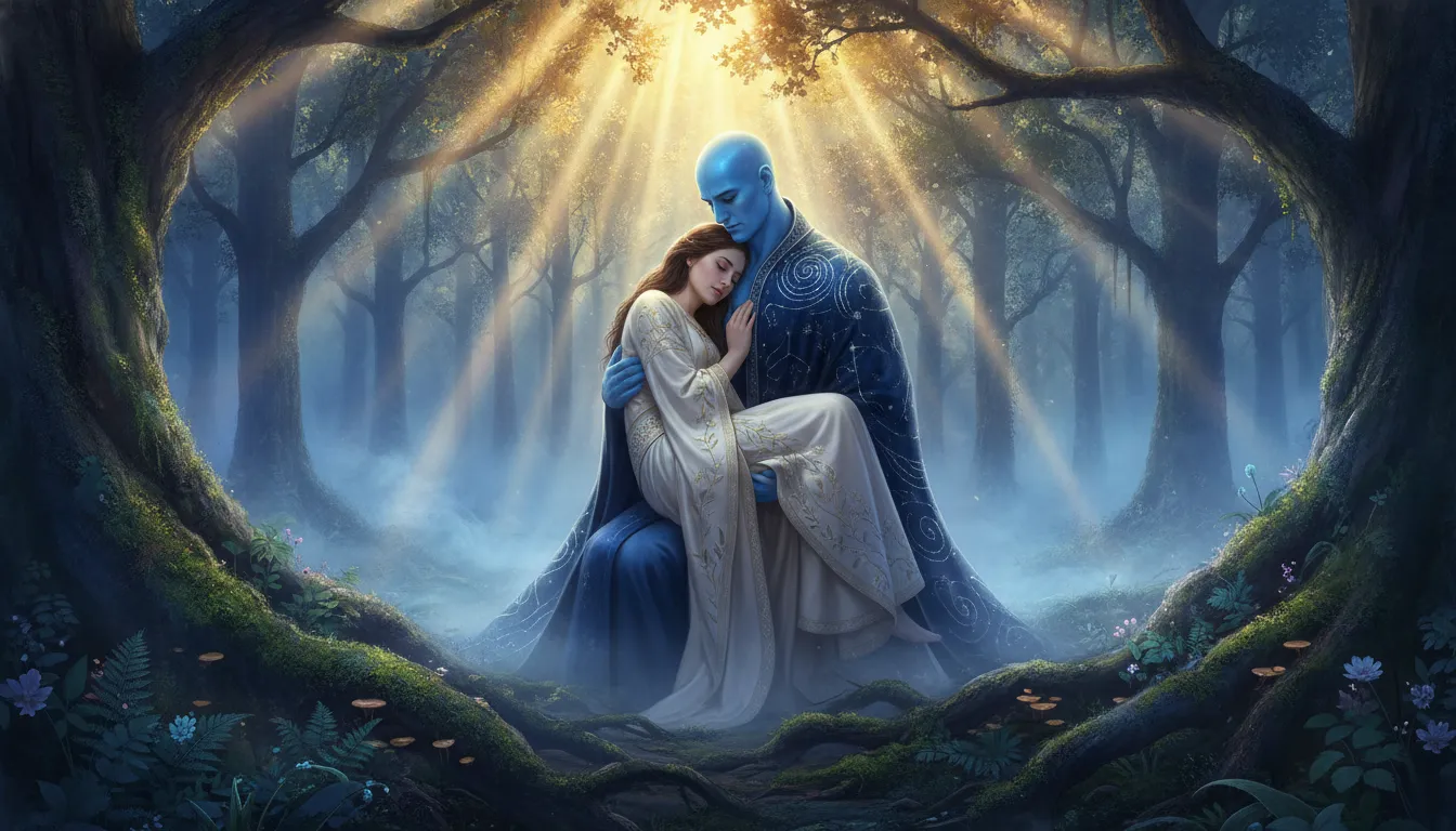 Divine couple resting against an ancient tree roots in a forest filled with golden twilight and soft mist.