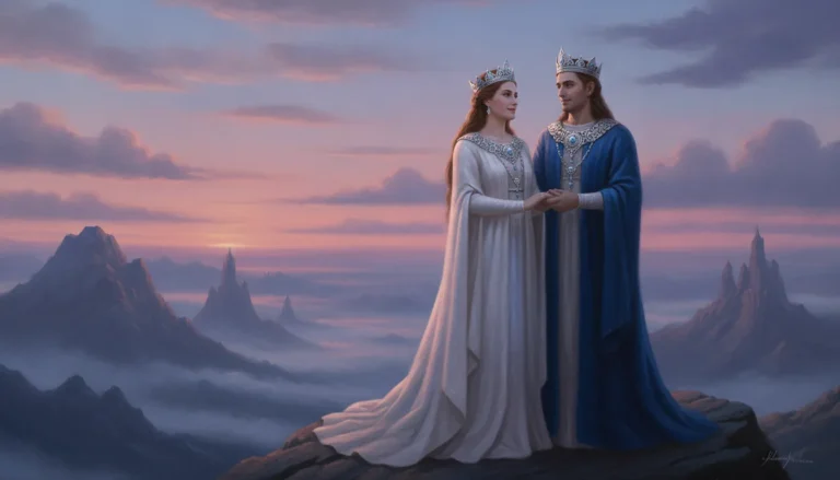 Royal divine couple standing close together on a mountain peak during the soft purple twilight hour