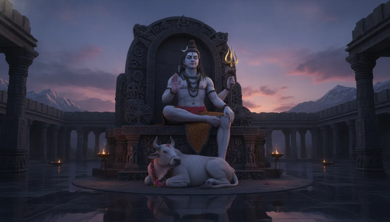 Lord Shiva on a carved stone throne during twilight with Nandi resting peacefully.