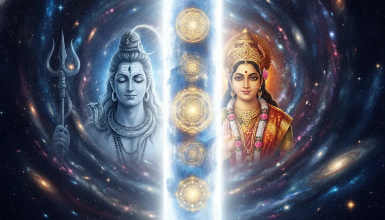 Entire split figure of Shiva and Parvati dissolving into a singular pillar of pure cosmic light
