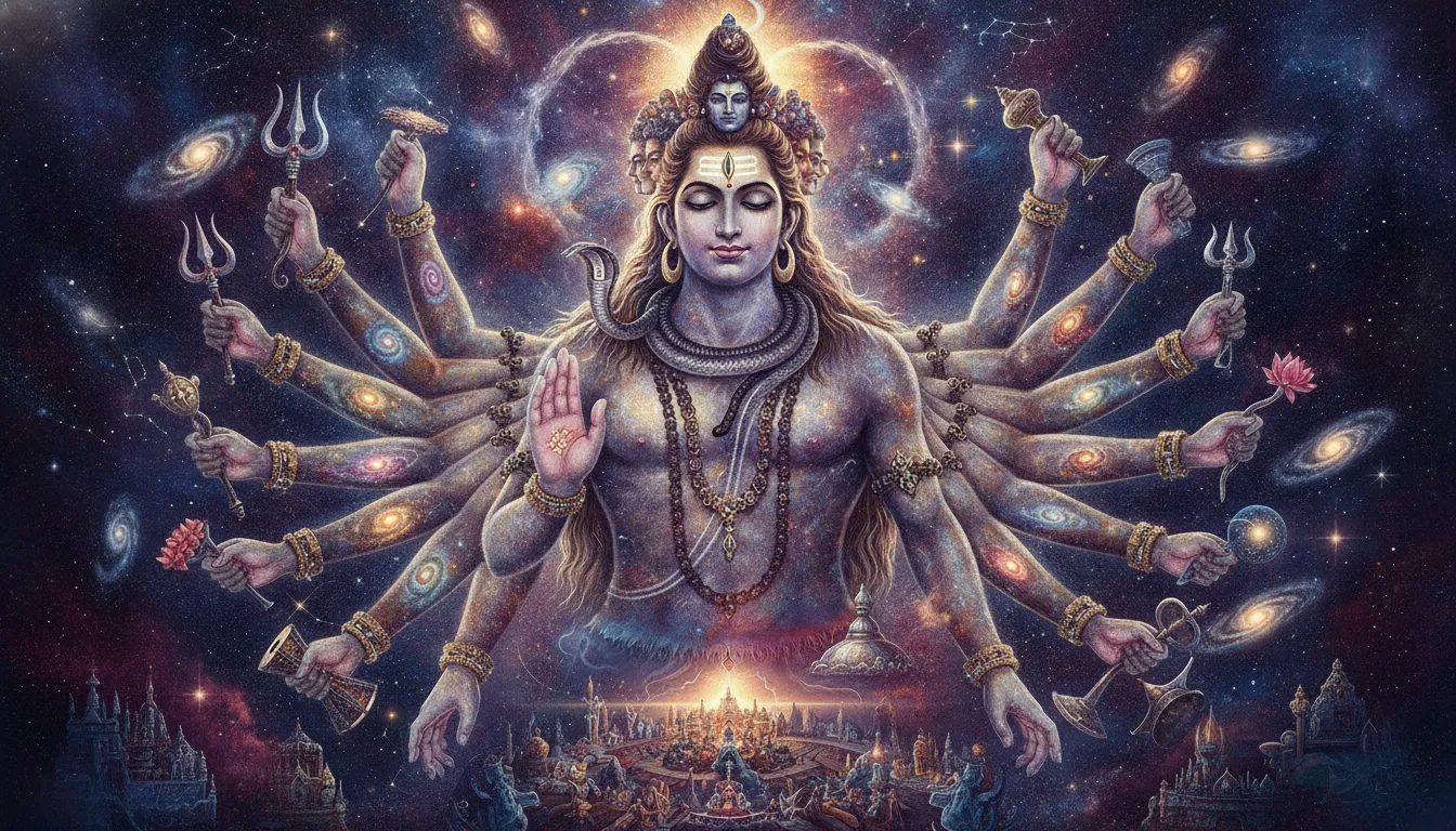 Majestic full-body illustration of multi-armed Mahadev encompassing the entire universe.