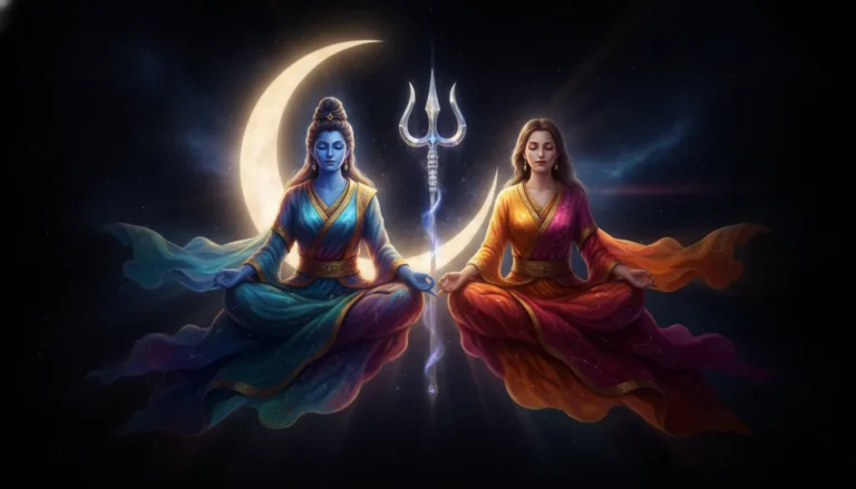 A blue divine being and a woman reaching ultimate enlightenment while meditating against a dark cosmic background.