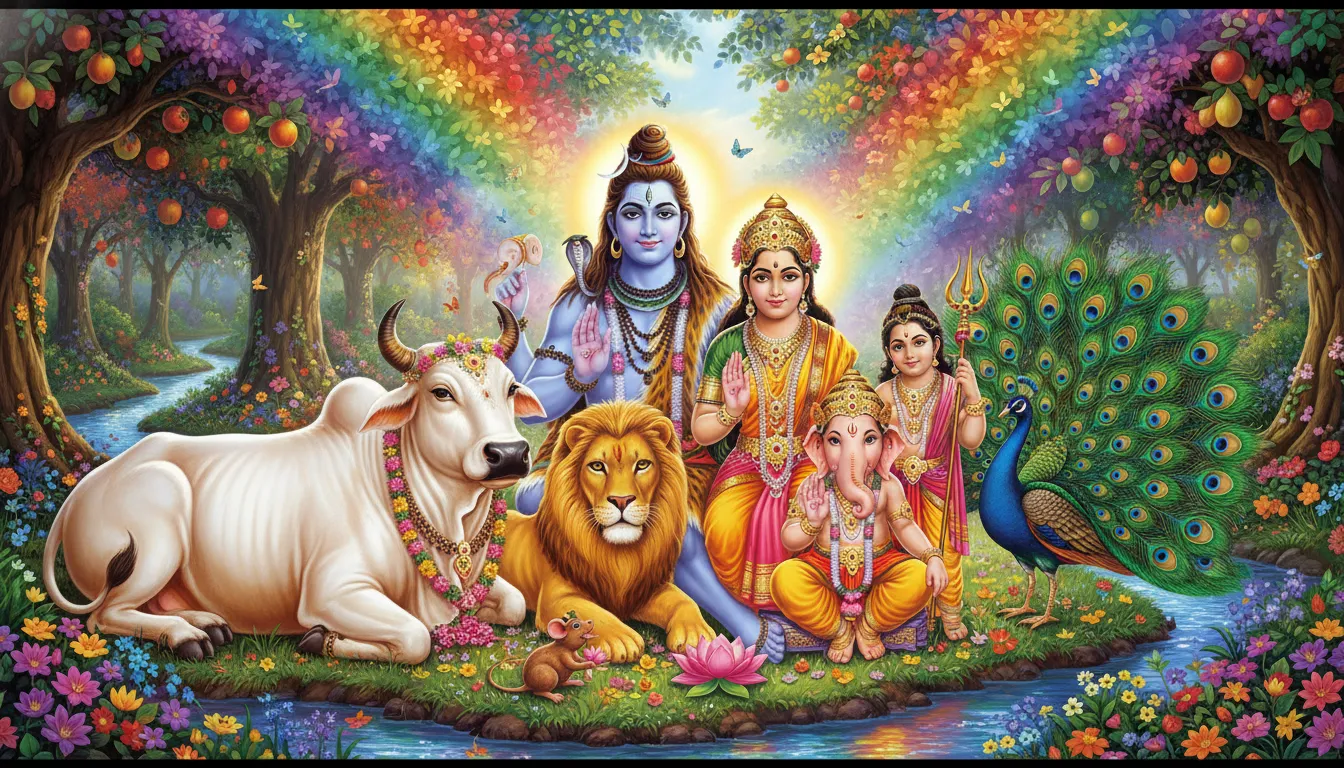 vibrant colored shiva family with mouse peacock lion nandi hd