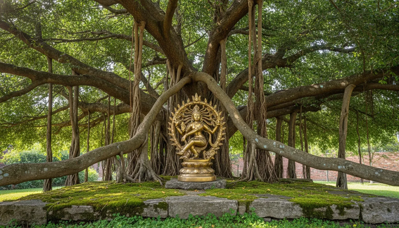 A sacred outdoor bronze Nataraja statue placed under the shade of a large old tree with hanging roots and soft grass.
