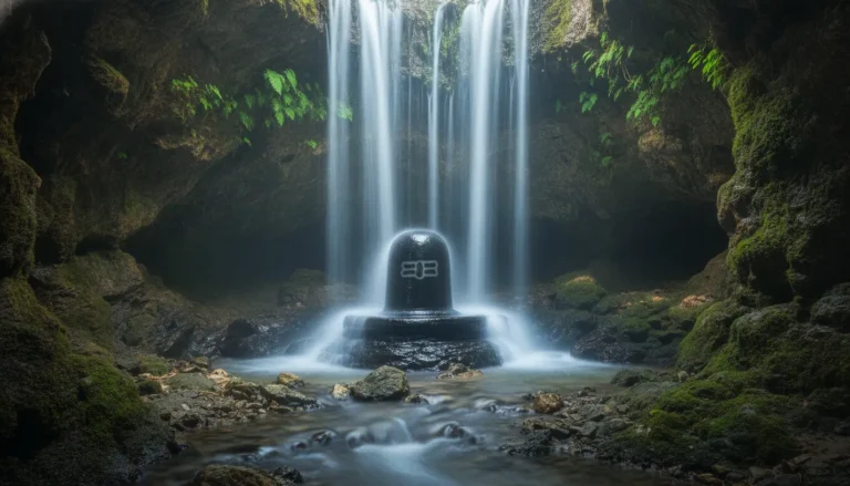 A natural gentle waterfall cascading over a Shiva Lingam inside a hidden cave temple.