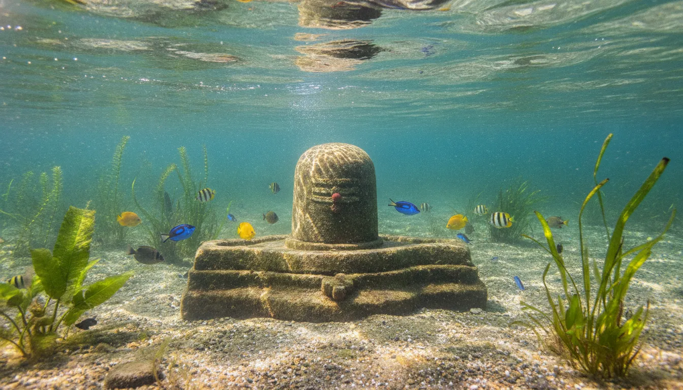 Underwater full hd shivling images showing an ancient stone structure with aquatic life.