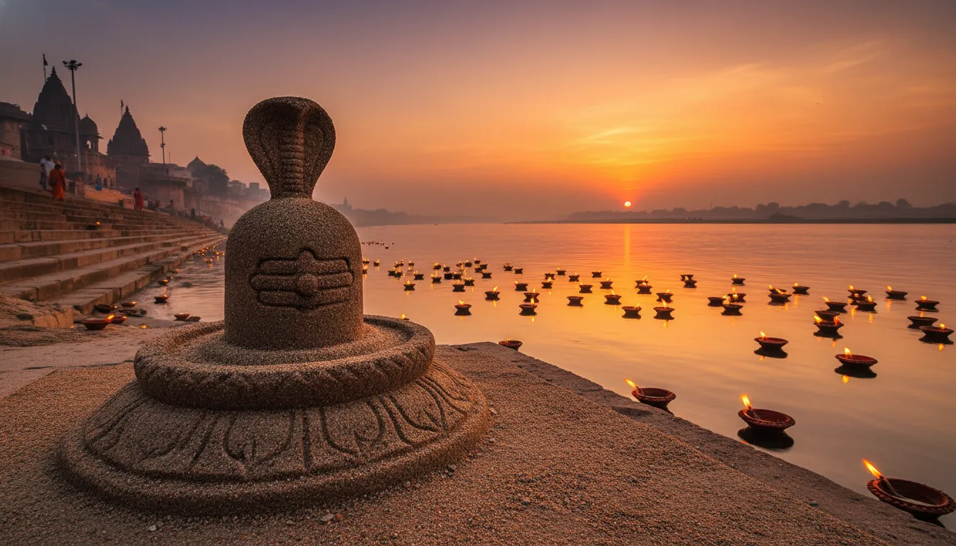 Holy riverbank sand sculpture shivling image hd wallpaper 1080p free download with evening diyas.