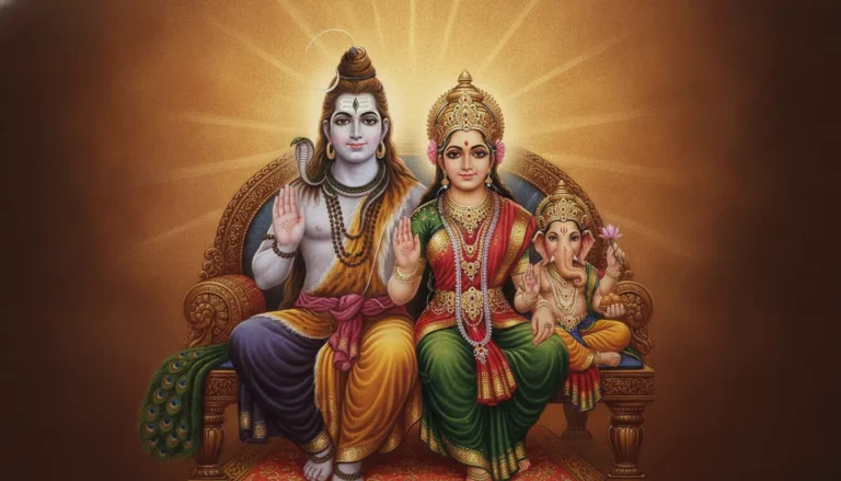 Vedic style illustration of Shiva Parvati family giving blessings to devotees
