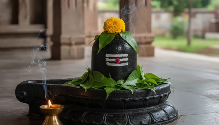 Traditional Shivling adorned with bel patra and tripondra bhasma