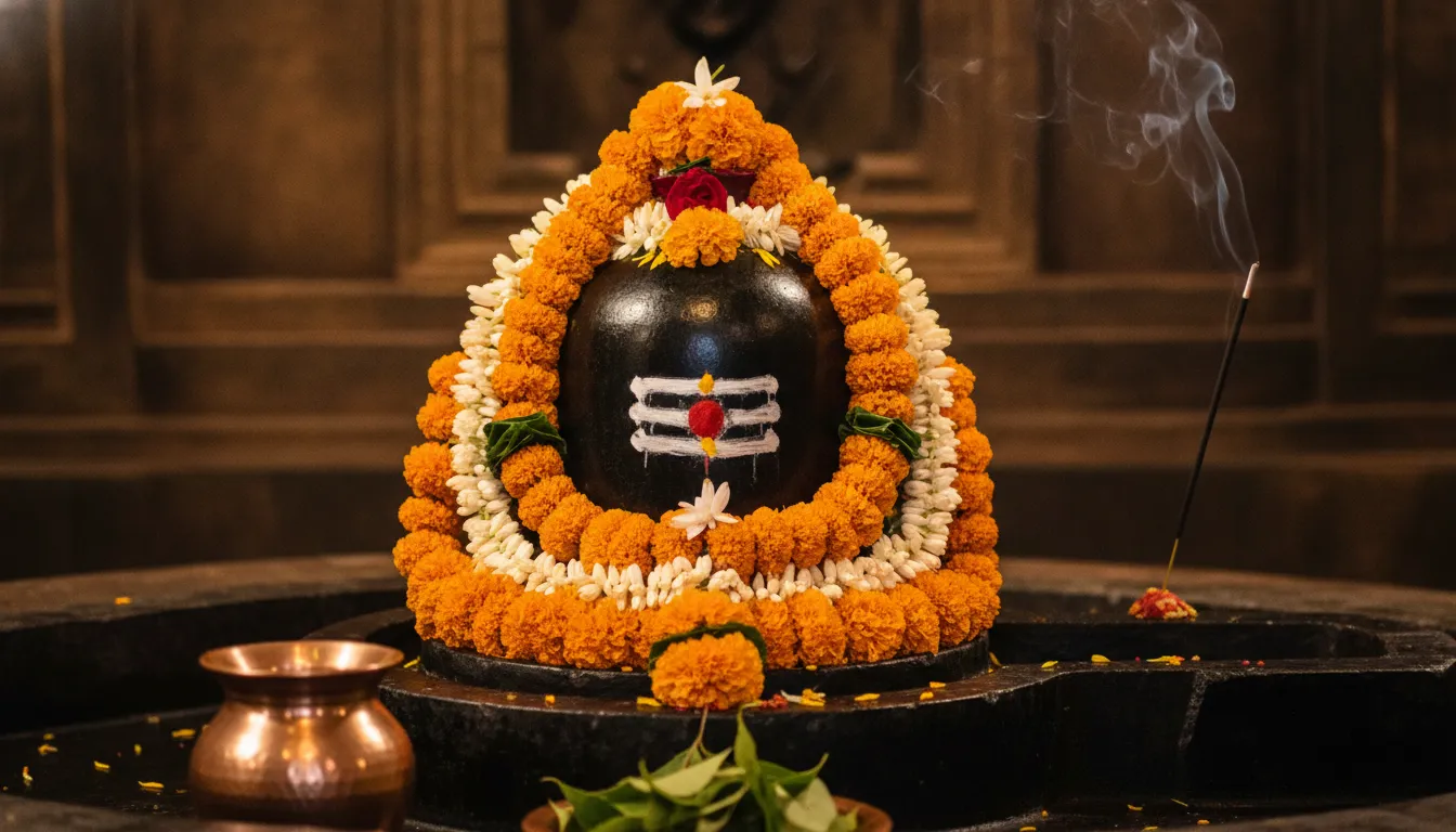 Black stone Shivling inside a traditional Indian temple decorated with marigold flowers.