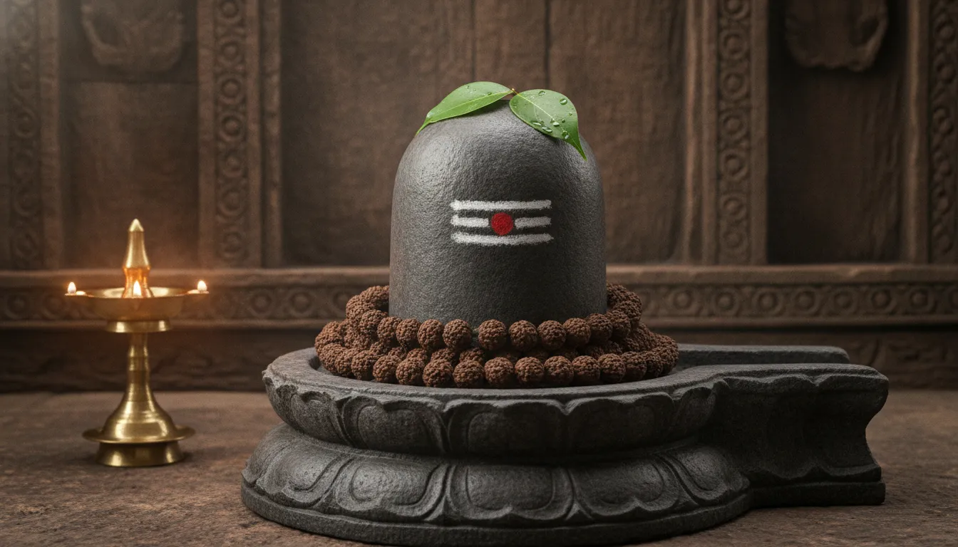 An ancient stone Shivling adorned with Rudraksha and fresh Bael leaves against a rustic dark brown temple wall background