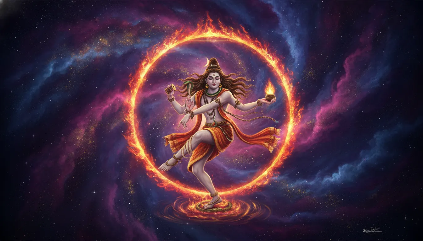 A vibrant cosmic Nataraja illustration dancing amidst stars, nebulas, and deep blue and purple galaxies.