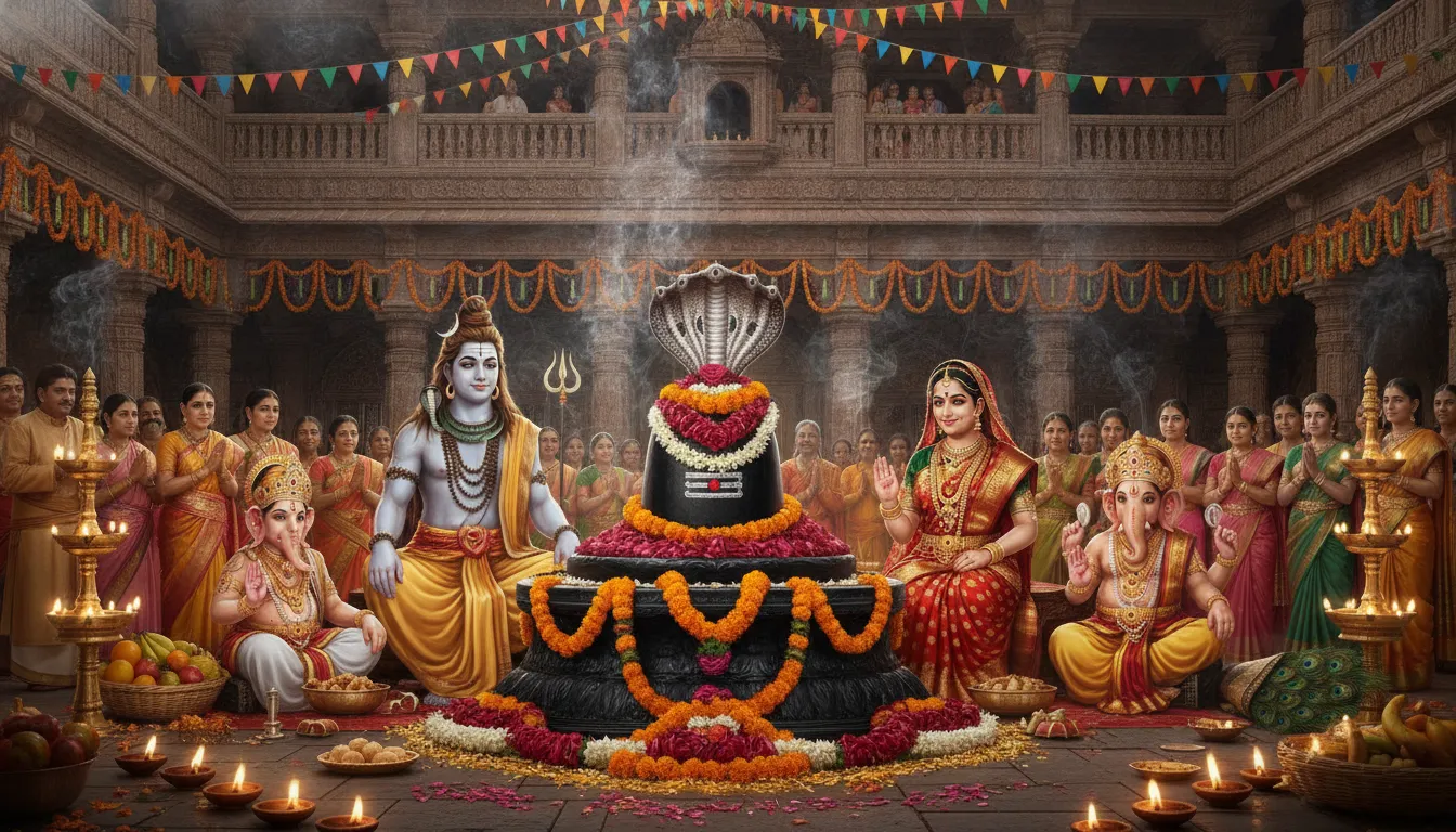 Vibrant festive artwork of Shiv Parivar images with shivling decorated for Maha Shivratri festival with rich decorations