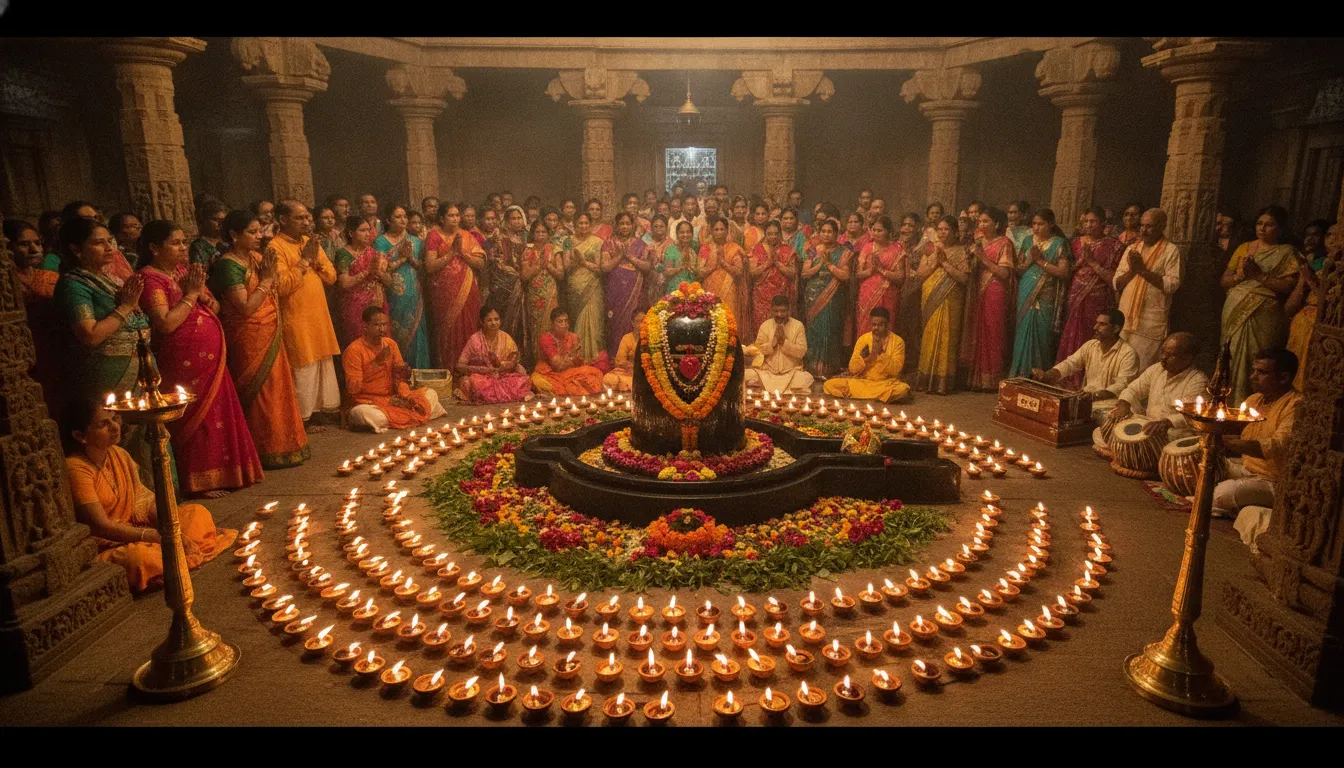 Grand temple festival scene showing a decorated Shivling surrounded by hundreds of glowing clay oil lamps at night