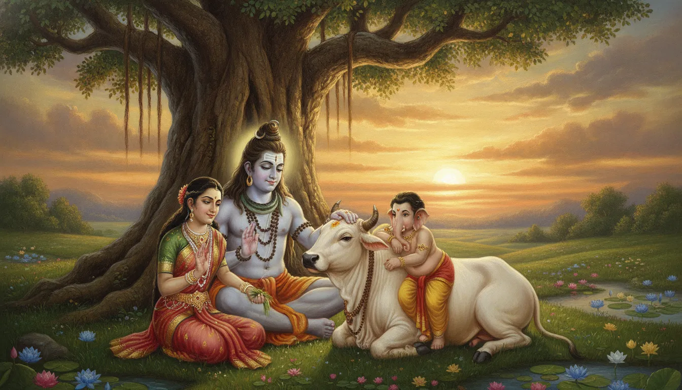Traditional Indian style painting of Shiva, Parvati, Ganesha, and Kartikeya with rich red and gold borders