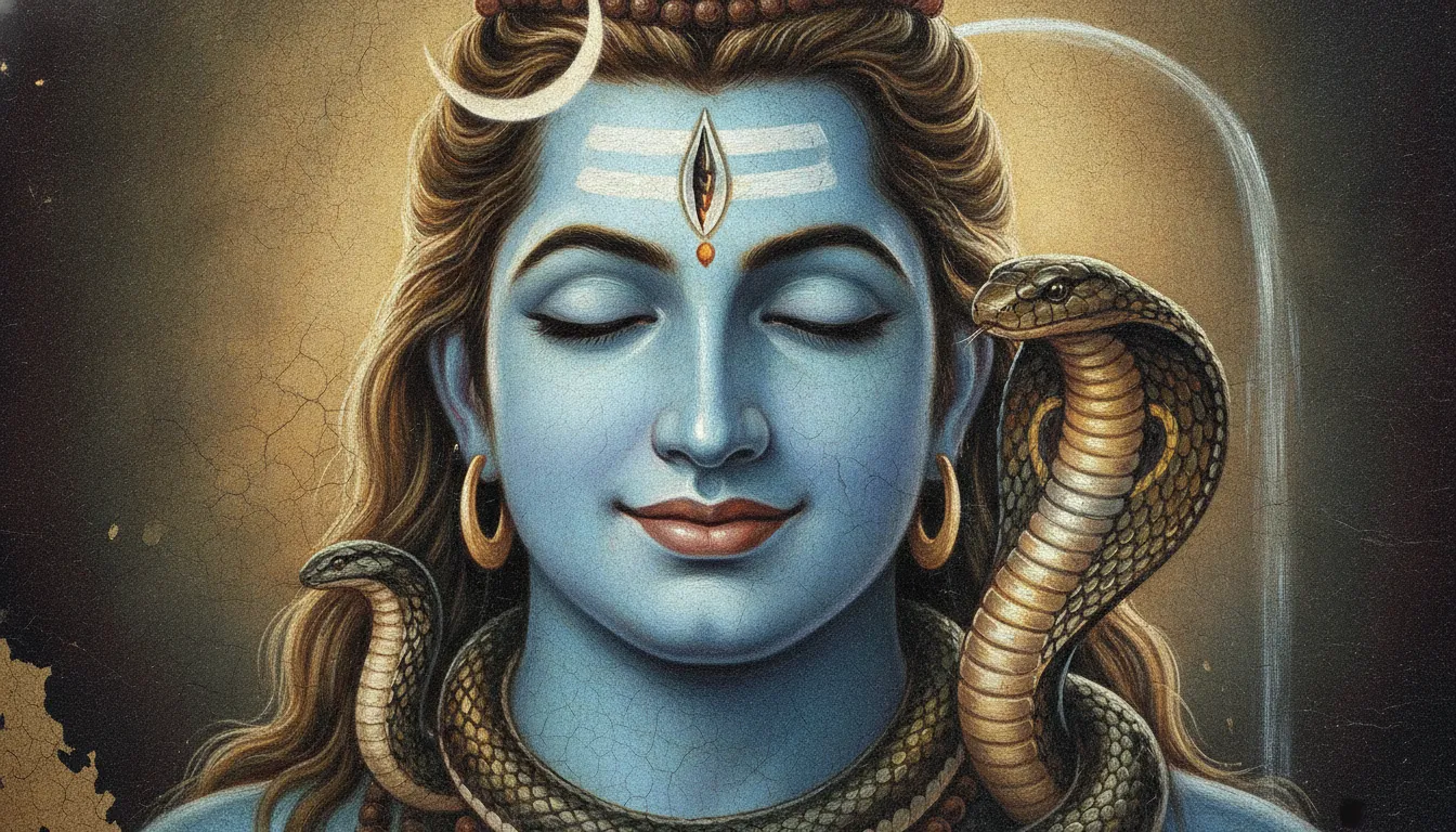 A classic vintage painting style of Lord Shiva featuring the crescent moon and serpent Vasuki around his neck.