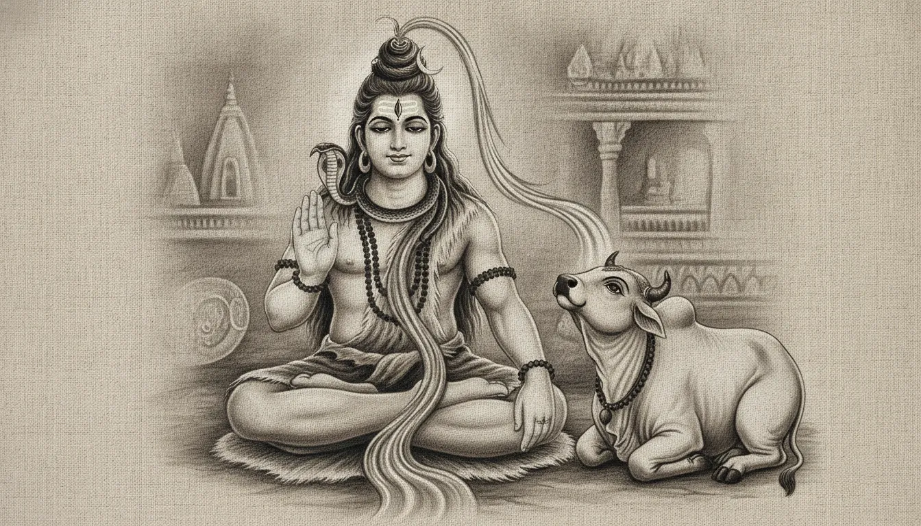 Traditional vintage style artwork of Lord Shiva blessing with his faithful companion Nandi.