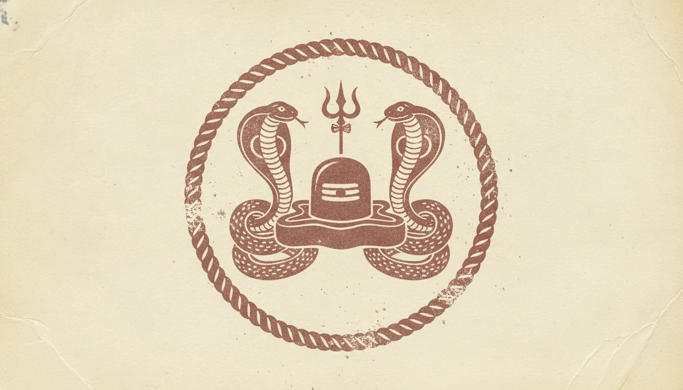 Vintage distressed style dual snake with shivling vector image resembling an old ink stamp.