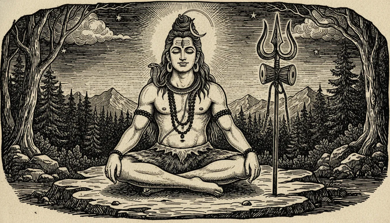 A classic vintage woodcut engraving of Lord Shiva meditating with his third eye softly glowing.