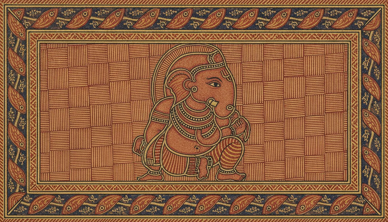 Traditional Indian Madhubani folk painting of Ganesha with intricate geometric patterns and natural dyes.