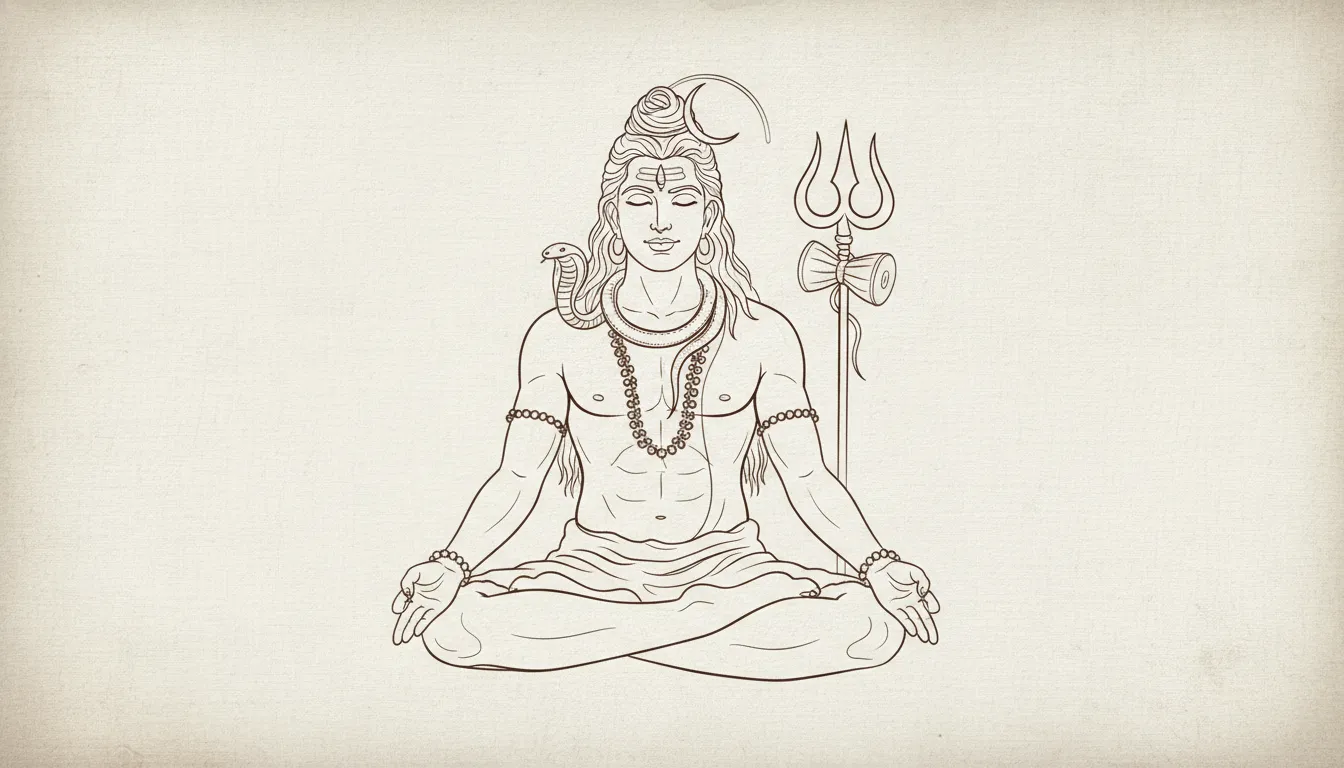 A vintage style minimalist fine line art drawing of Lord Shiva meditating.