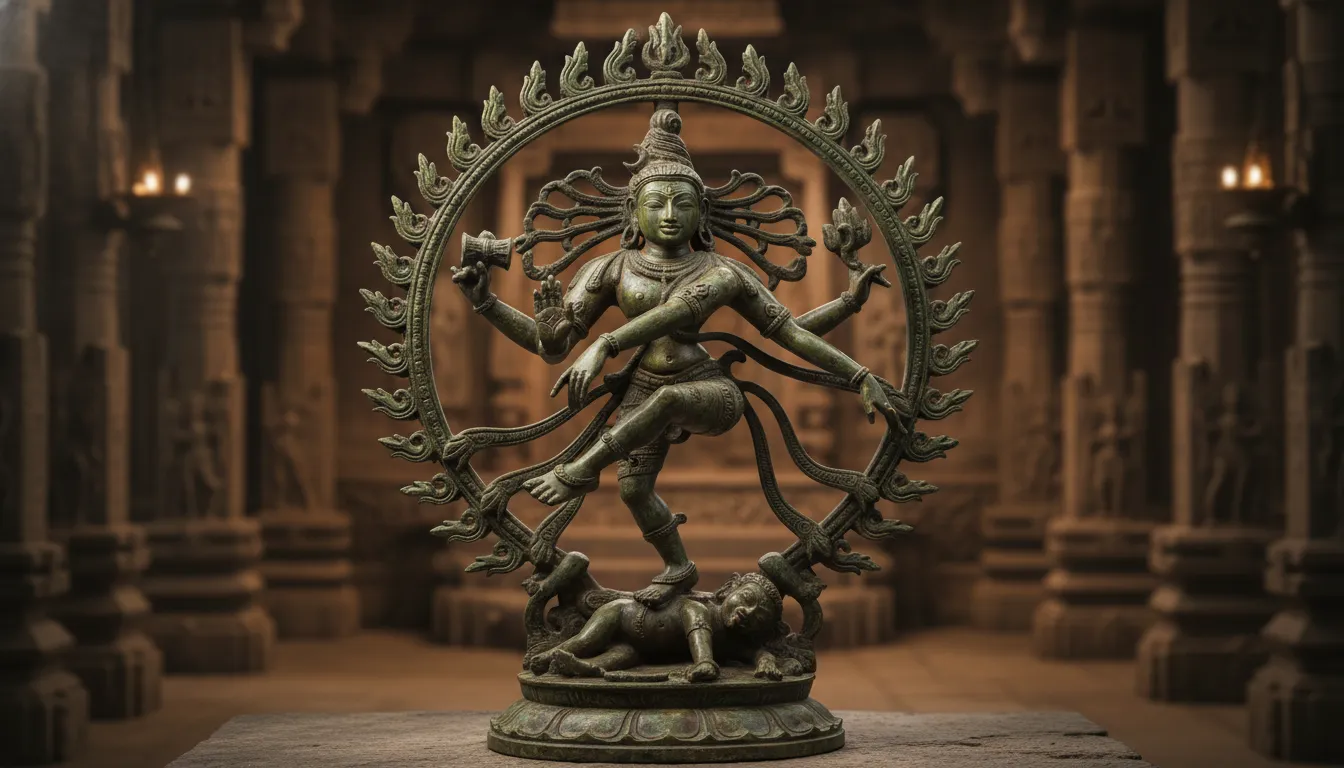 Handcrafted vintage bronze Lord Shiva Nataraja statue with detailed flame ring