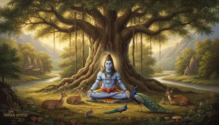 An old style painting of Lord Shiva sitting under a giant banyan tree in deep meditation.