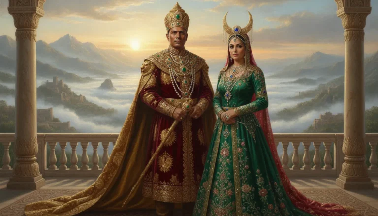 Vintage style portrait of a divine couple dressed as king and queen in traditional regal attire