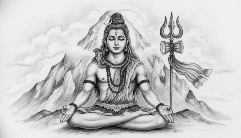 A detailed monochrome charcoal sketch of Lord Shiva meditating on Mount Kailash.