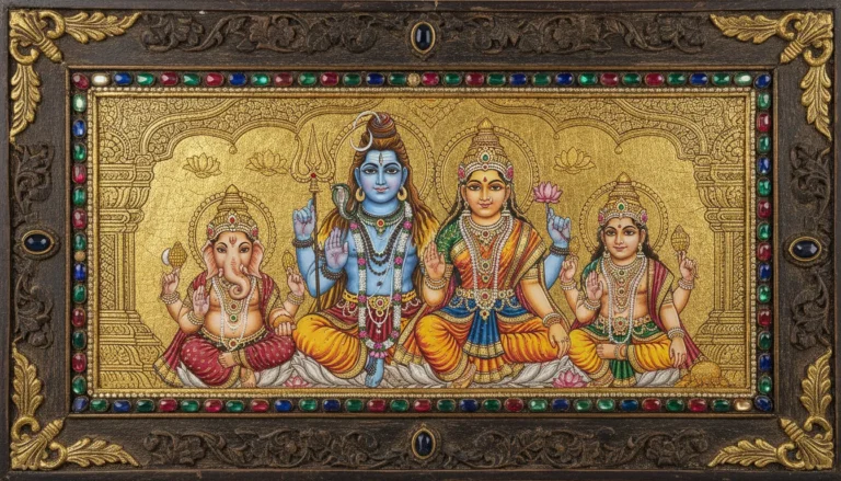 Vintage Tanjore style artwork of Shiva family featuring heavy gold leaf work and stone embellishments
