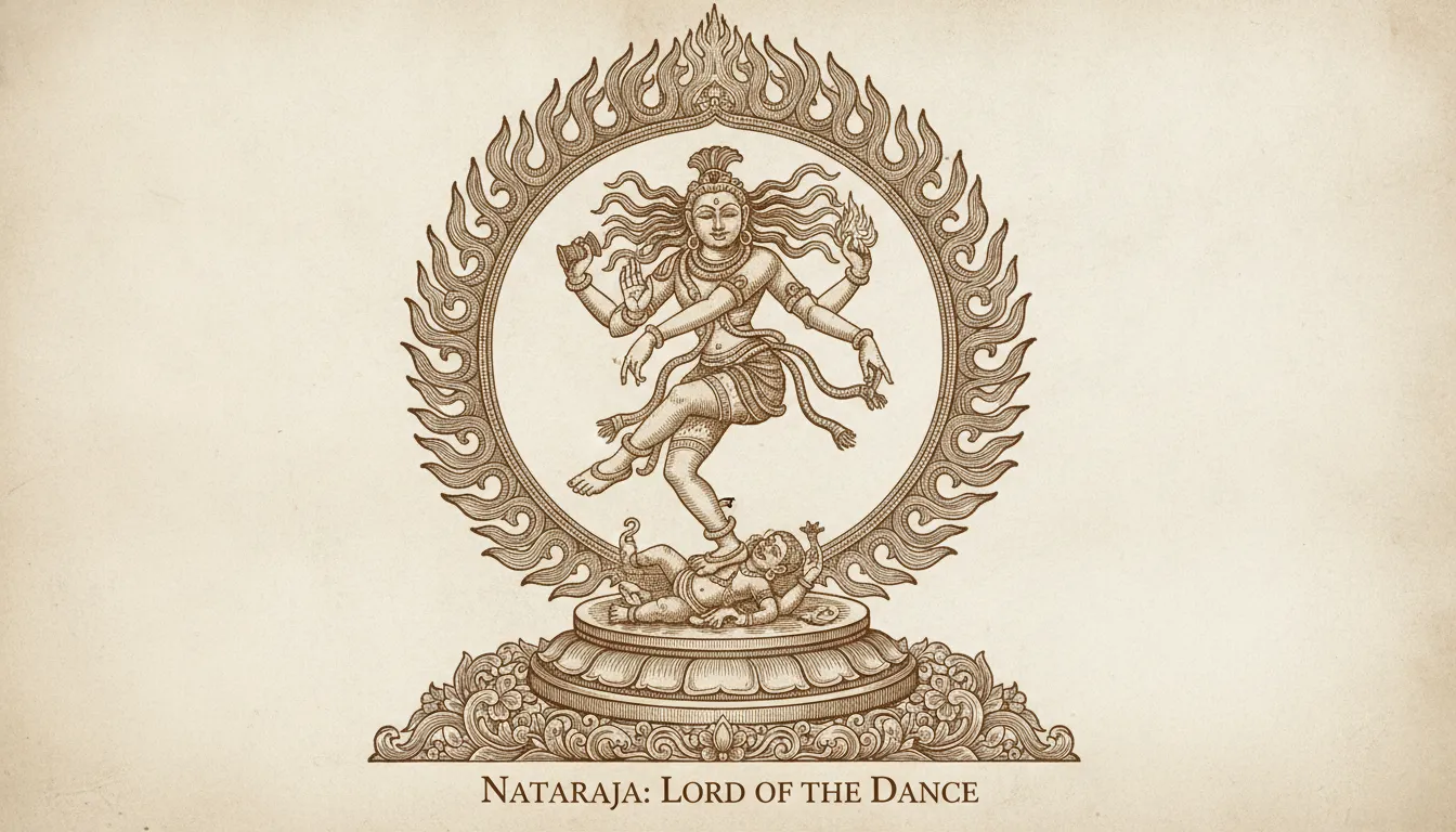 Vintage woodcut style etching line art of Lord Shiva as Nataraja with detailed cross-hatching shading.