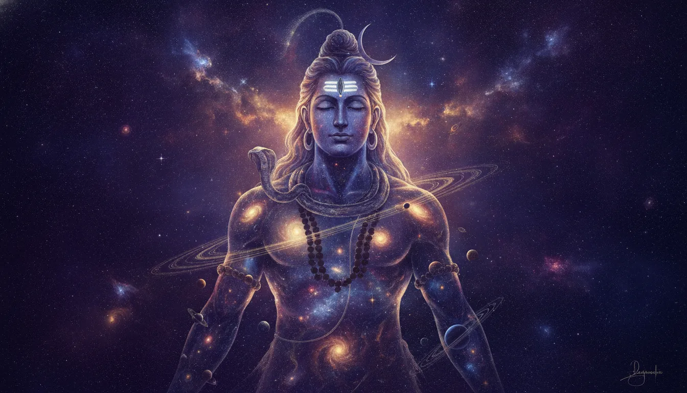 Lord Shiva's gigantic cosmic form integrated into galaxies and nebulas.