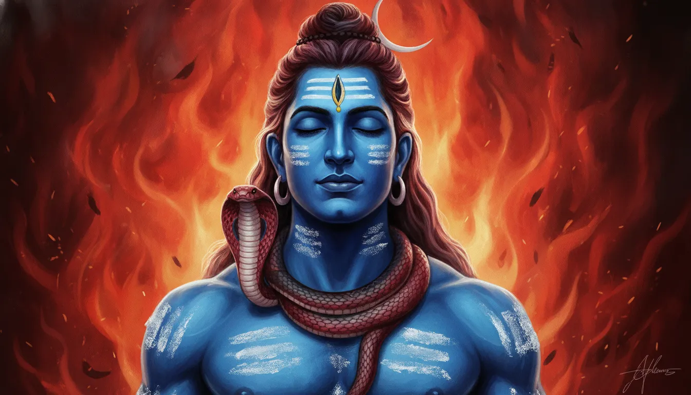 High-contrast digital portrait of blue-skinned Lord Shiva with intense crimson and orange flames rising behind him.