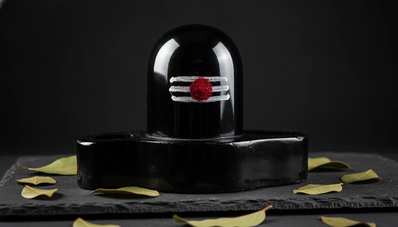 A beautiful unique shivling image made of shiny black obsidian stone with a sharp red ruby tilak decoration.
