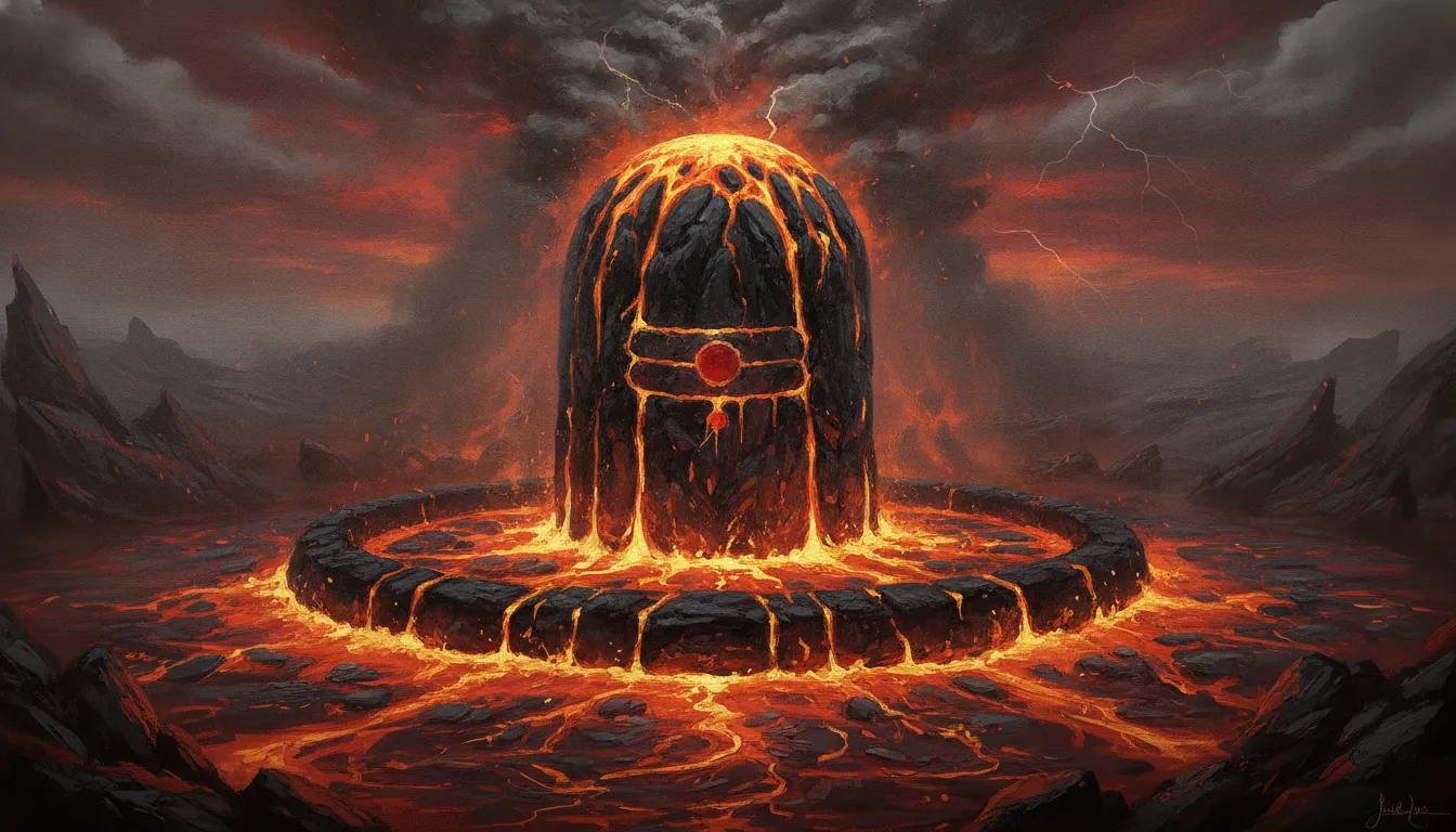A volcanic Mahakal Shivling glowing with molten gold and lava in its hungry form.