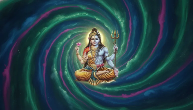 Meditating Ardhanarishvara at the center of a swirling cosmic wormhole